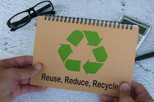 Recycle symbol on brown notebook. Reuse, reduce and recycle photo