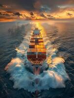 Container Ship Sailing in the Ocean at Sunset photo