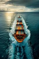 Aerial View of a Container Ship Sailing in the Ocean photo