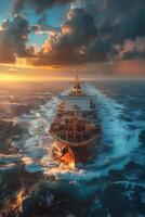 Container Ship Sailing in the Ocean at Sunset photo
