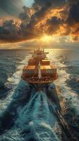 Container Ship Sailing in the Ocean at Sunset photo