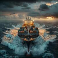 Container Ship Sailing in the Ocean at Sunset photo