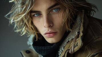Young Man in Brown Jacket With Blue Eyes photo