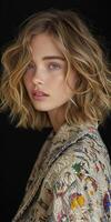 Woman With Blond Bob Posing Against Black Background photo
