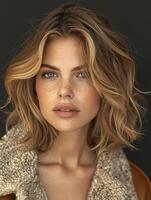 Woman in Brown Coat With Wavy Bob photo