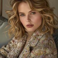Stunning Woman in Tweed Jacket Posing on Bed photo