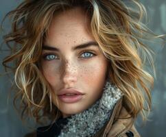Woman With Freckles in Brown Jacket photo