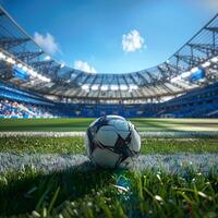 Soccer Ball Rests on Grass in Front of Empty Stadium photo