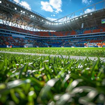 Soccer Field With Green Grass and Stadium in Background photo