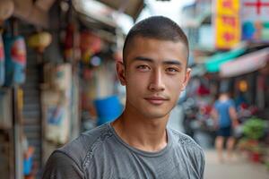 Young Asian Man Standing in Alleyway photo