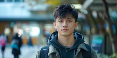 Young Asian Man Wearing Backpack photo