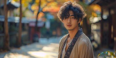 Young Man in Kimono Standing on the Street photo