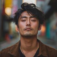 Man in Brown Jacket Standing in City Street photo