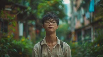 Young Asian Man in Glasses Standing in City photo