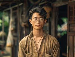 Young Asian Man in Brown Shirt Standing in Front of Hut photo
