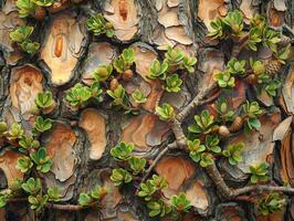 Green Leaves Cover the Bark of a Pine Tree photo