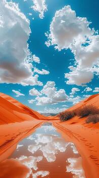 Red Sand Dune With Clouds Reflected in Water photo
