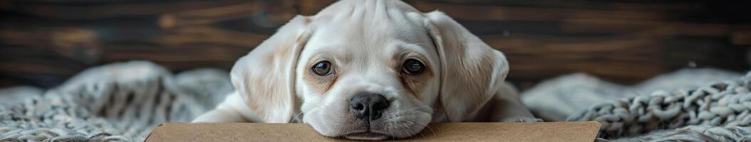 White Dog Laying on Cardboard Box photo