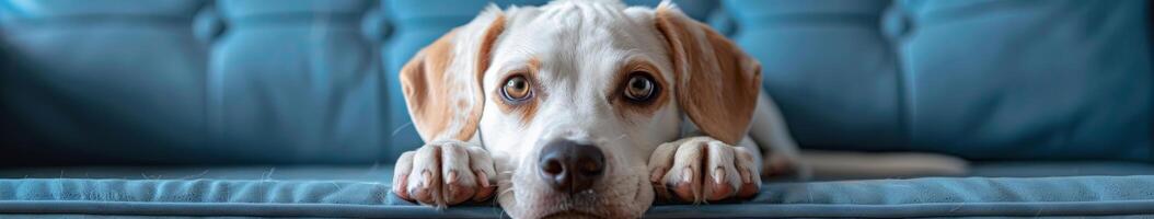 Dog Lounging on Blue Couch photo