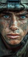 Intense Close-Up of Soldiers Face With Blue Eyes photo