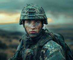 Soldier in Camouflage Gear Looks at the Camera photo