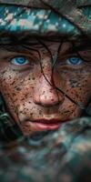 Man With Blue Eyes in Camouflage Clothing photo