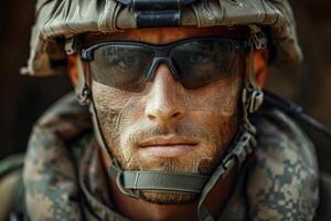 Close Up of Soldier Wearing Helmet and Goggles photo