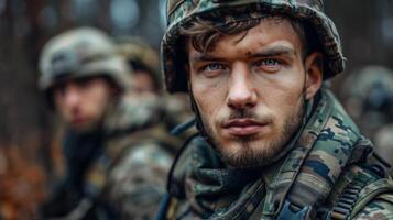 Close Up of Man Wearing Camouflage Hat photo