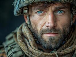Close Up of a Man Wearing a Helmet and Scarf photo