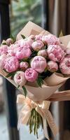 Bouquet of Pink Peonies With Ribbon photo