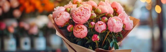 Pink Peony Bouquet on Table photo