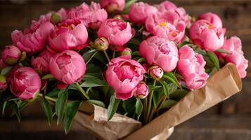 Pink Peonies Arranged in Brown Box photo