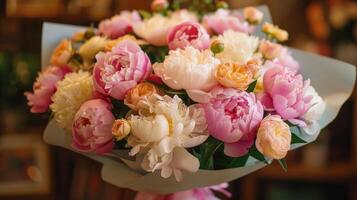 Pink and White Peony Bouquet on Table photo