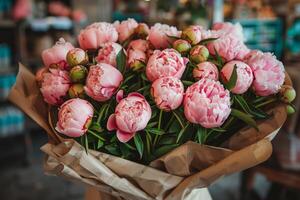 Pink Peony Bouquet on Table photo