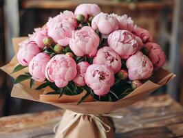 Bouquet of Pink Peonies on Wooden Table photo