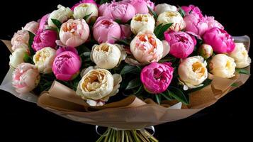 Pink and White Peony Bouquet on Black Background photo