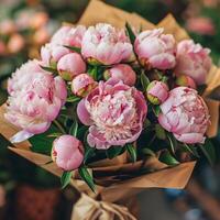 Bouquet of Pink Peonies Wrapped in Brown Paper photo