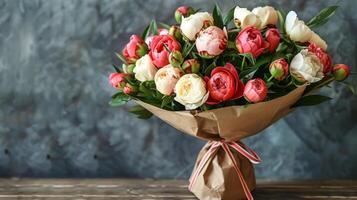 Peony Bouquet Wrapped in Brown Paper photo