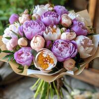 Bouquet of Peonies on Table photo