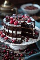 Decadent Chocolate Cake With Raspberries and Frosting photo