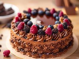 Decadent Chocolate Cake With Berries and Frosting photo