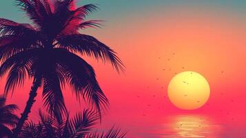 Sun Setting Over Ocean With Palm Trees photo