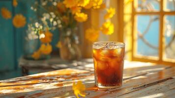 Refreshing Glass of Iced Tea on Wooden Table photo