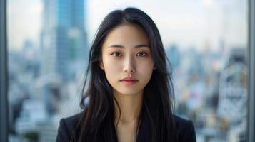 Young Asian Woman Standing in Front of Window photo