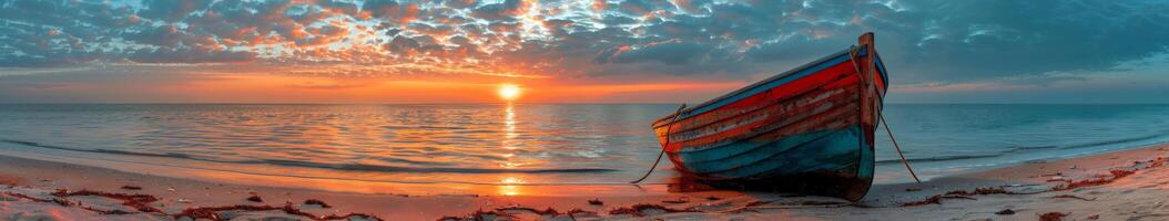 Fishing Boat on Beach at Sunset photo