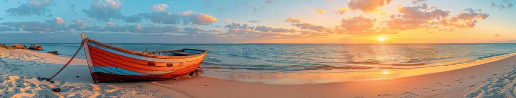 Boat on Beach at Sunset photo