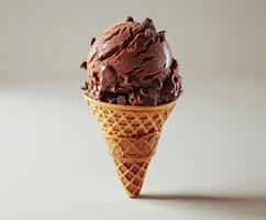 A Scoop of Chocolate Ice Cream in a Waffle Cone photo