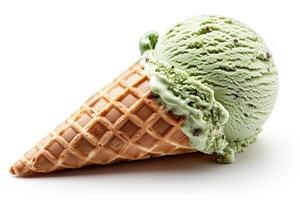 Green Pistachio Ice Cream Scoop in Waffle Cone photo