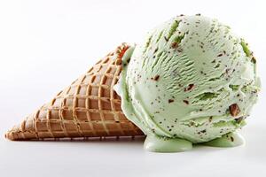 Pistachio Ice Cream Scoop on Waffle Cone photo
