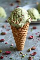 Green Tea Ice Cream Scoop in Waffle Cone photo